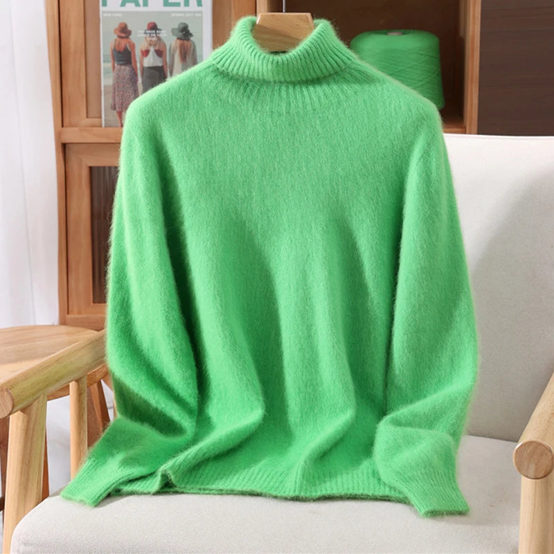 Autumn And Winter 100% Mink Cashmere Sweater, Ladies' High Lapel Solid Color Padded Pullover Wool Knitted Bottoming Shirt