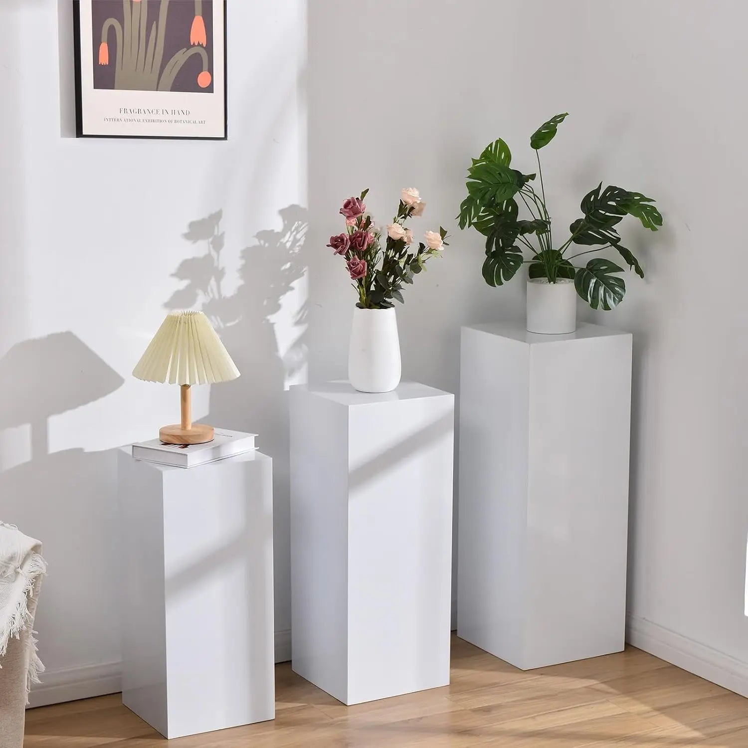 3Pcs White Metal Display Pedestal Stand for Party/ Wedding Sculpture/ Cylindrical Holder for Home/ Garden Decoration