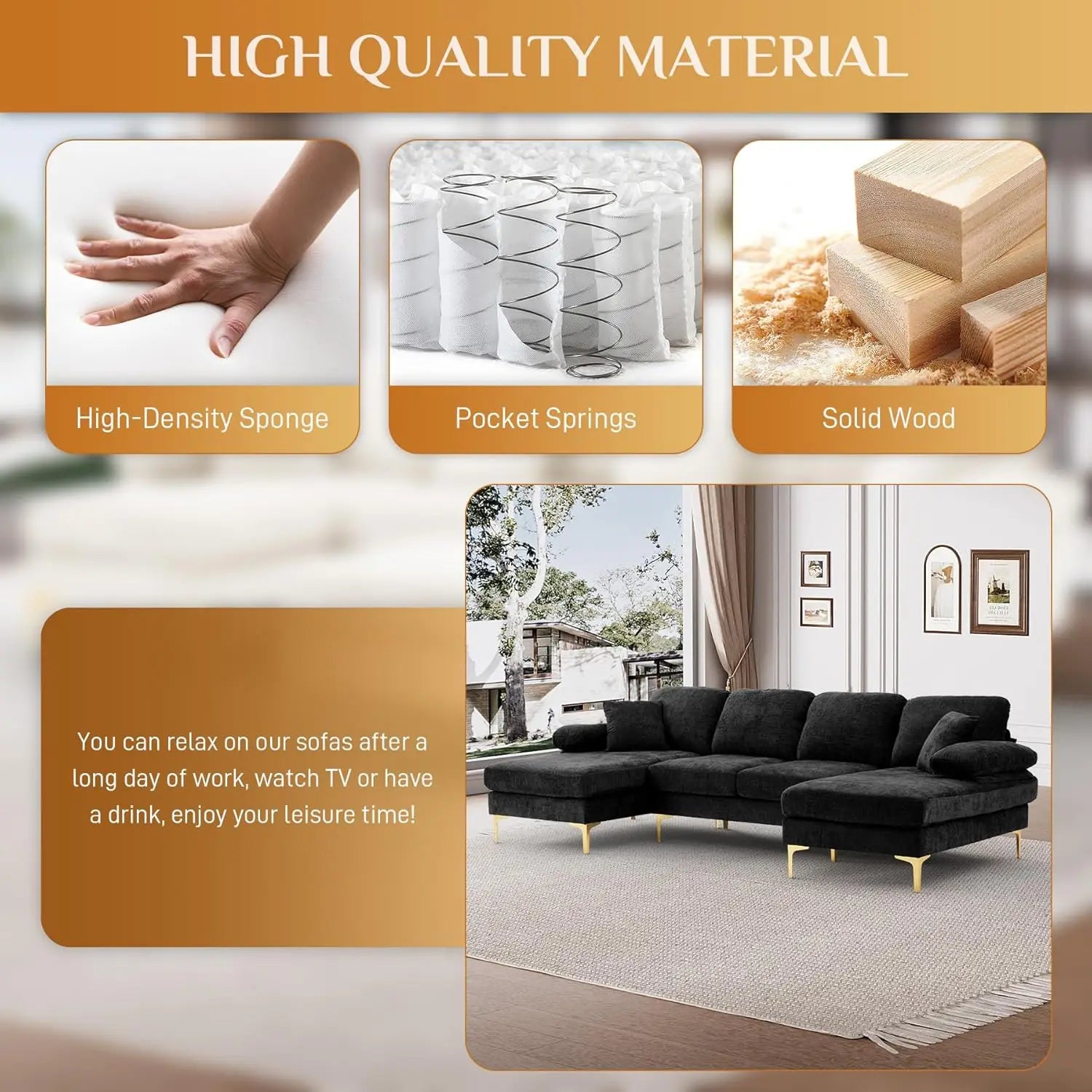 112" Cloud Sectional Sofa with Extra Deep Seat, U- Shaped Sectional Couches for Living Room 4 Seater Chenille Sofas & Couches Modern