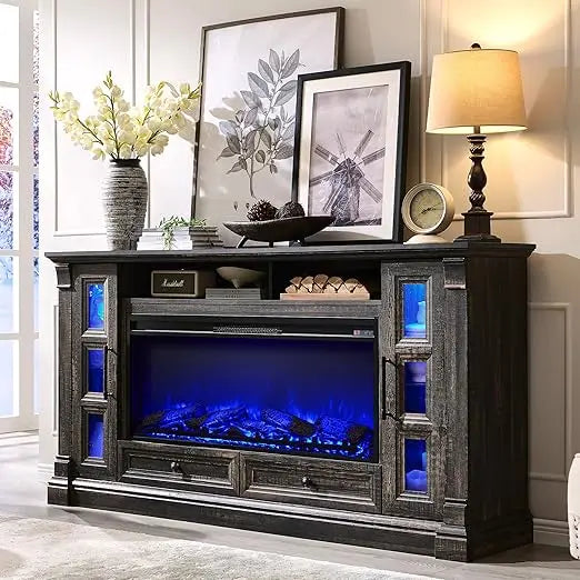 TV Stand with Fireplace for up-to-80" TV, Farmhouse 72" Entertainment Center with 42" Electric Fireplace, TV Console