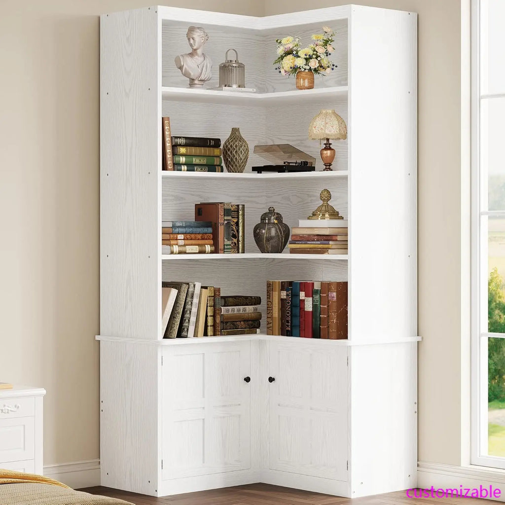 Corner Bookshelf with Doors, 6 Tier Bookcase with Storage, Corner Shelf with Cabinet, Large Tall Bookshelf