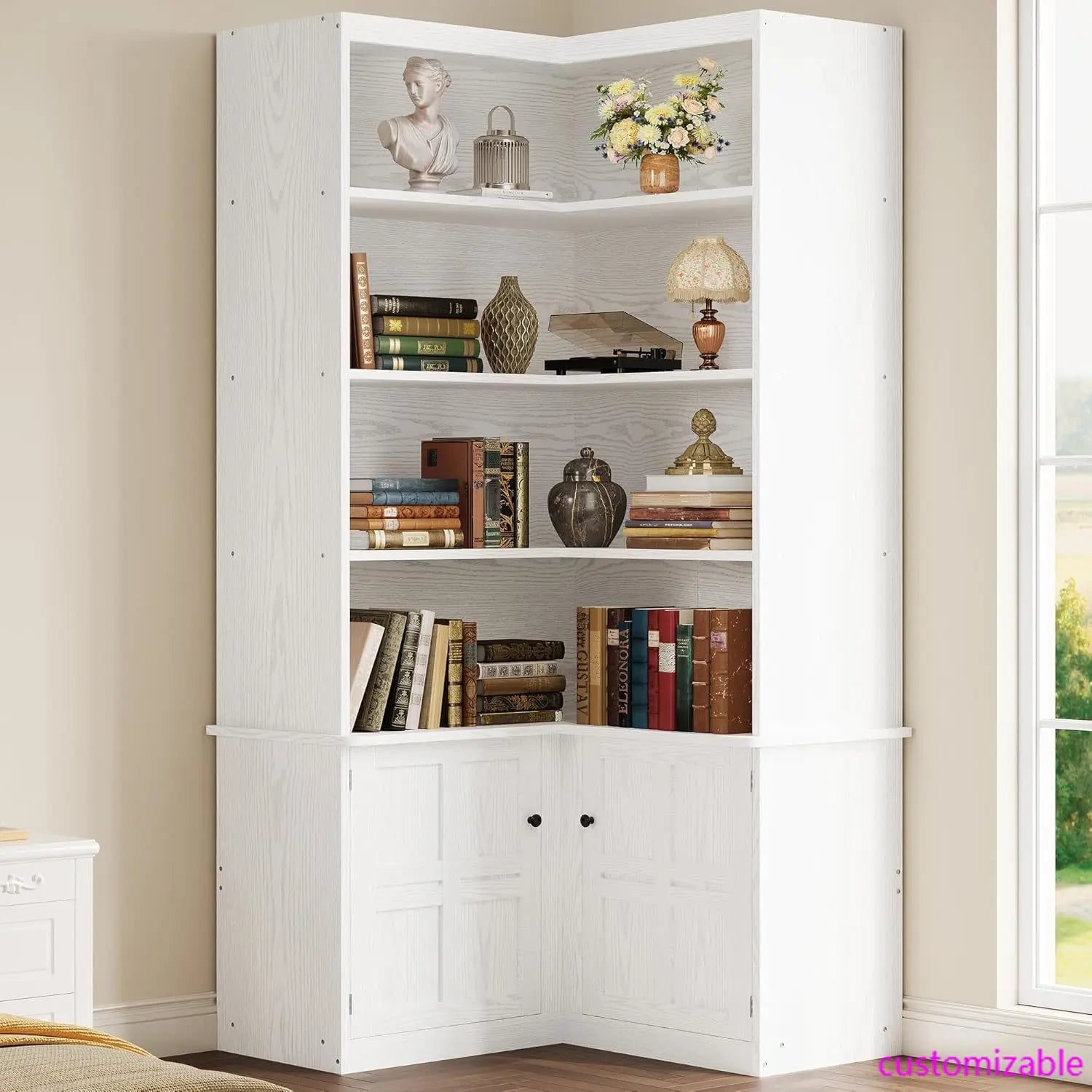Corner Bookshelf with Doors, 6 Tier Bookcase with Storage, Corner Shelf with Cabinet, Large Tall Bookshelf
