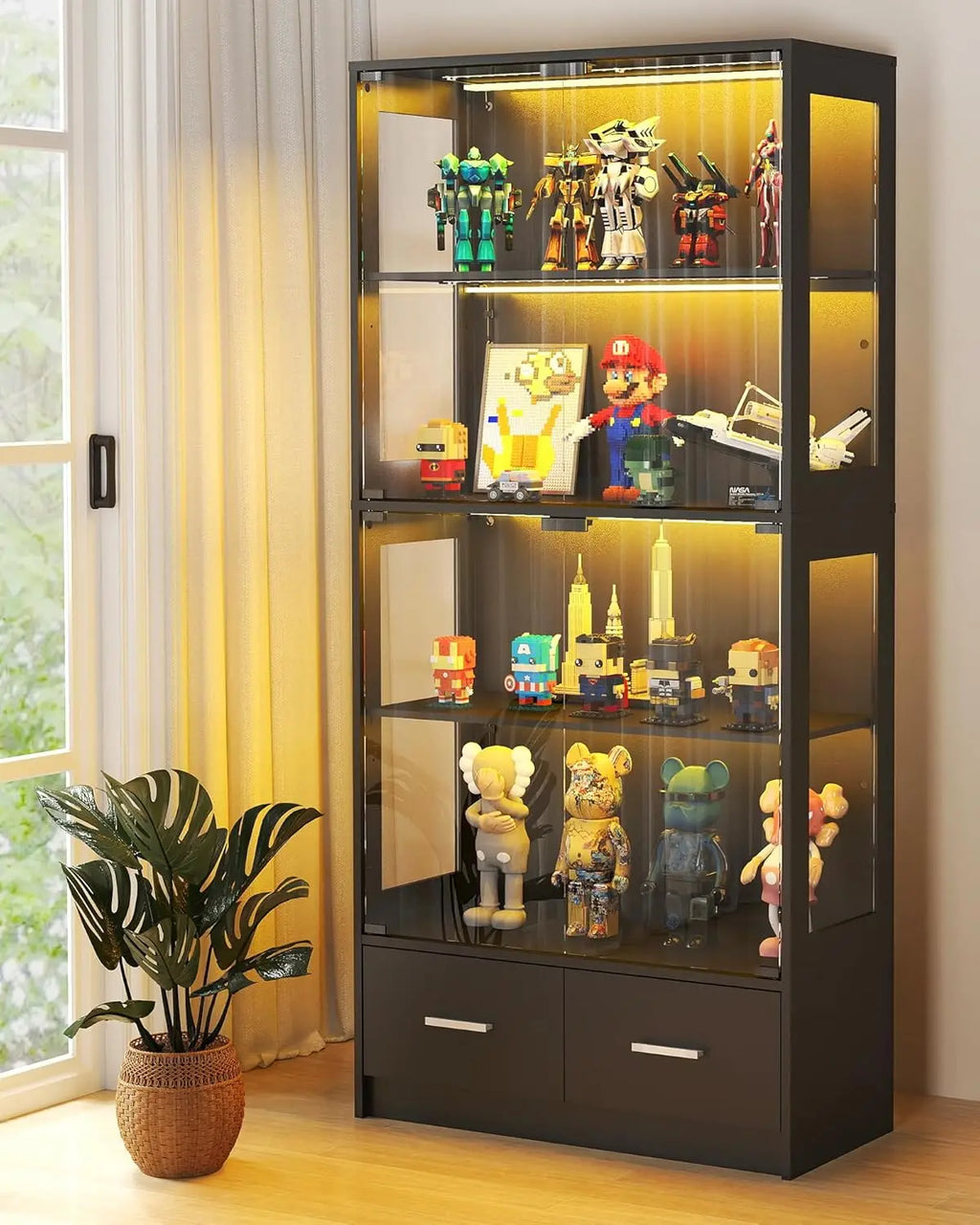 Glass Display Cabinet with Doors - Curio Cabinet with Dynamic LED Lights, 67" Display Case for Any Item, Black