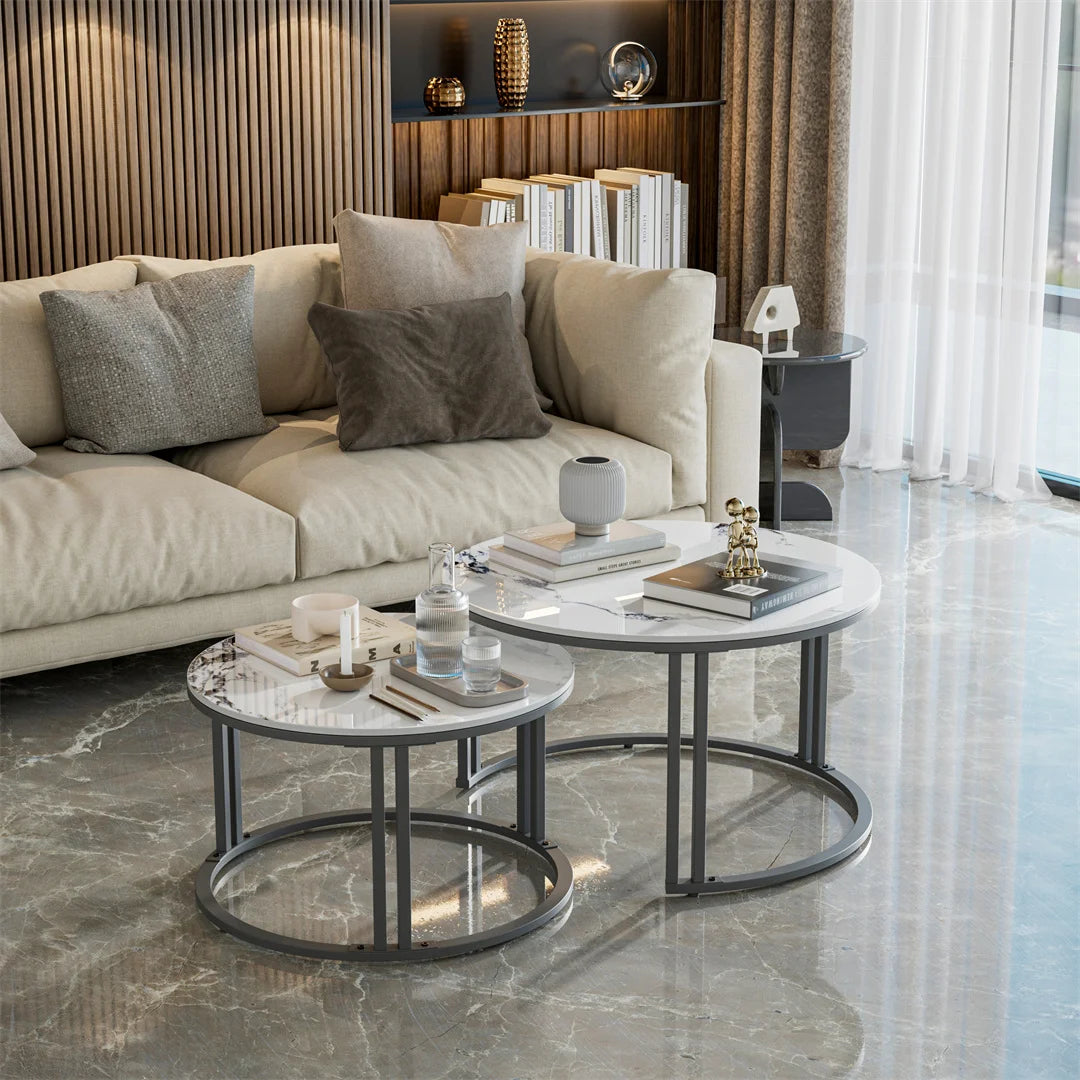 Set of 2 Round Living Room Nesting Table Anti-Rust Outdoor Stacking Center Coffee Table, Small Space Friendly