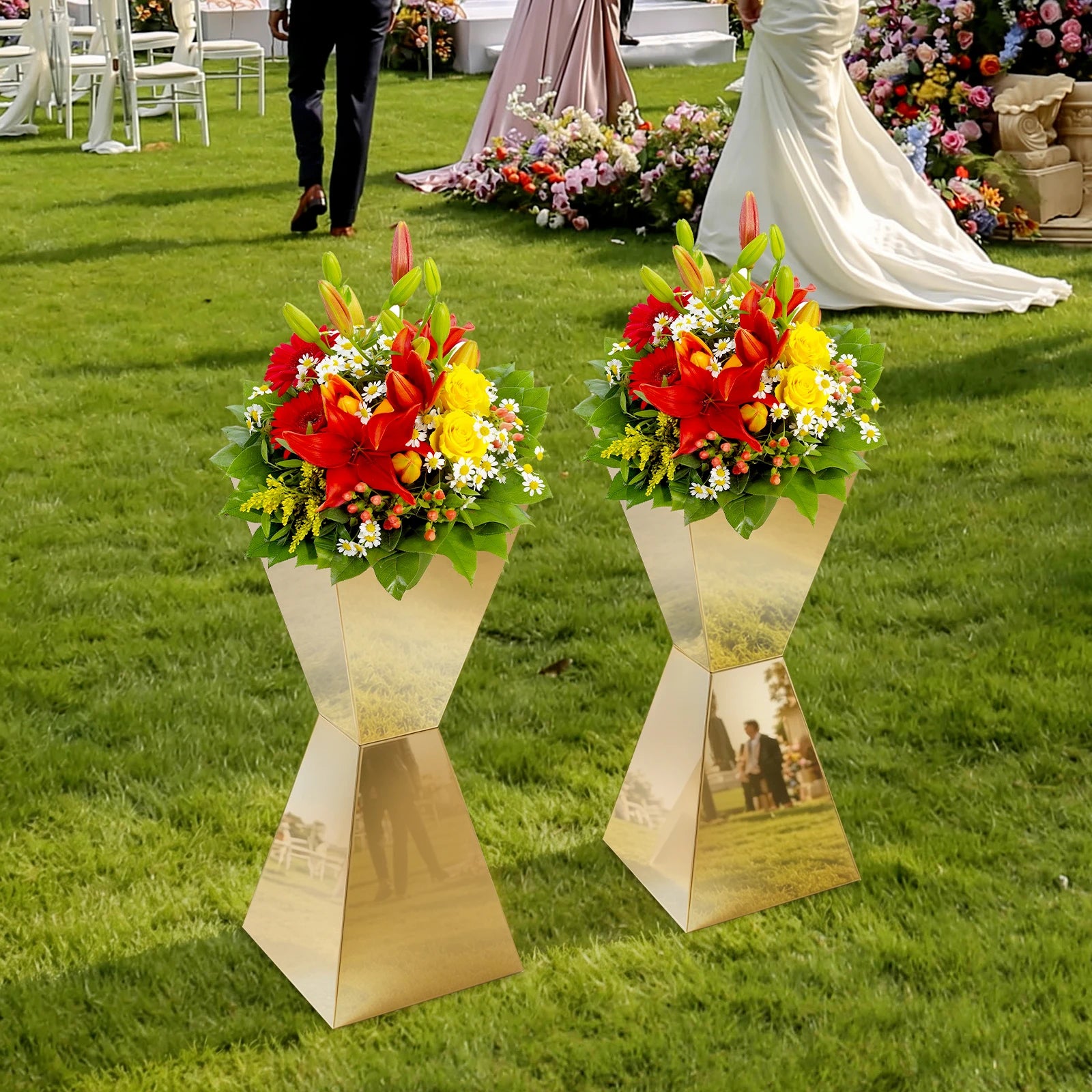 2PCS Stainless Steel Flower Stand, Gold/Silver Wedding Dessert Table Display /Stand, 25*25*60cm Freestanding Centerpiece Holder For Wedding, Birthday, Party Decor