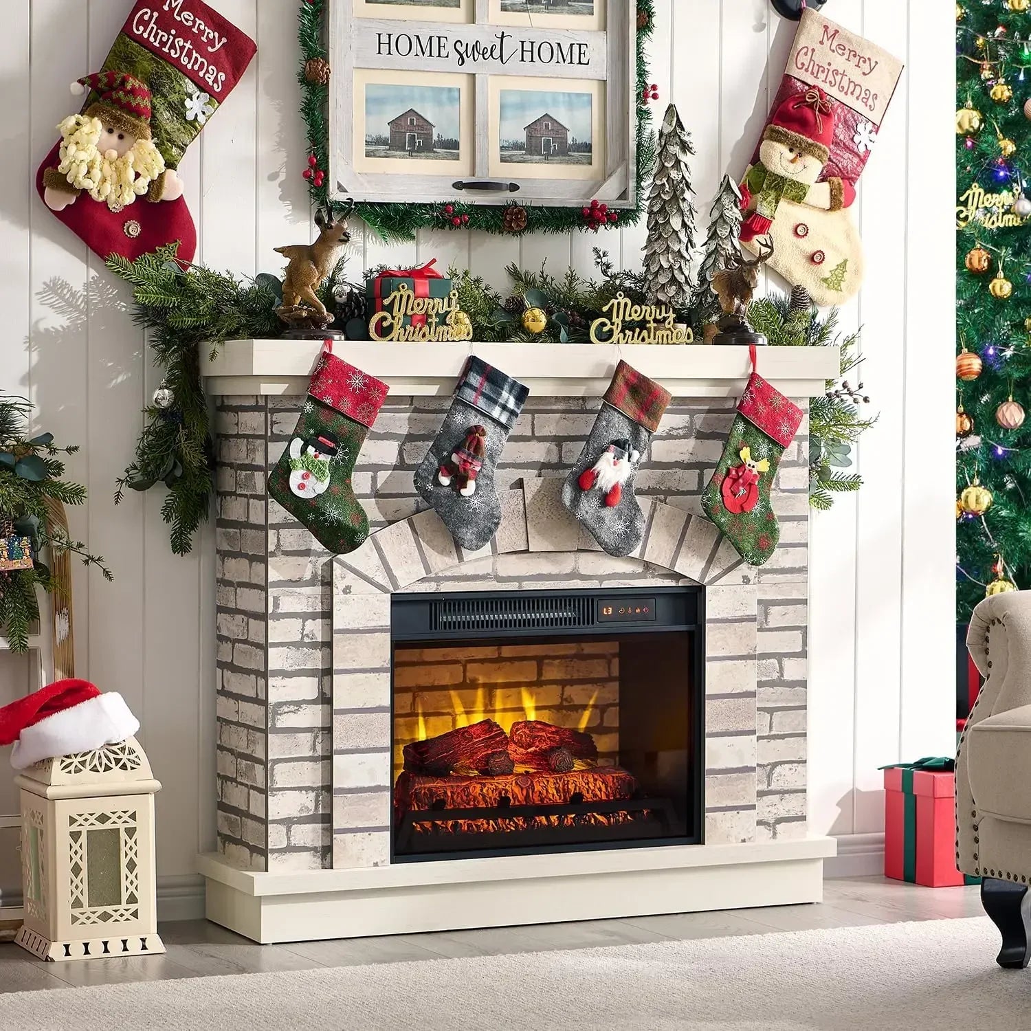 Farmhouse Electric Fireplace with Mantel, 42" Fireplace TV Stand with 23'' Freestanding Electric Fireplace Heater,Remote Control