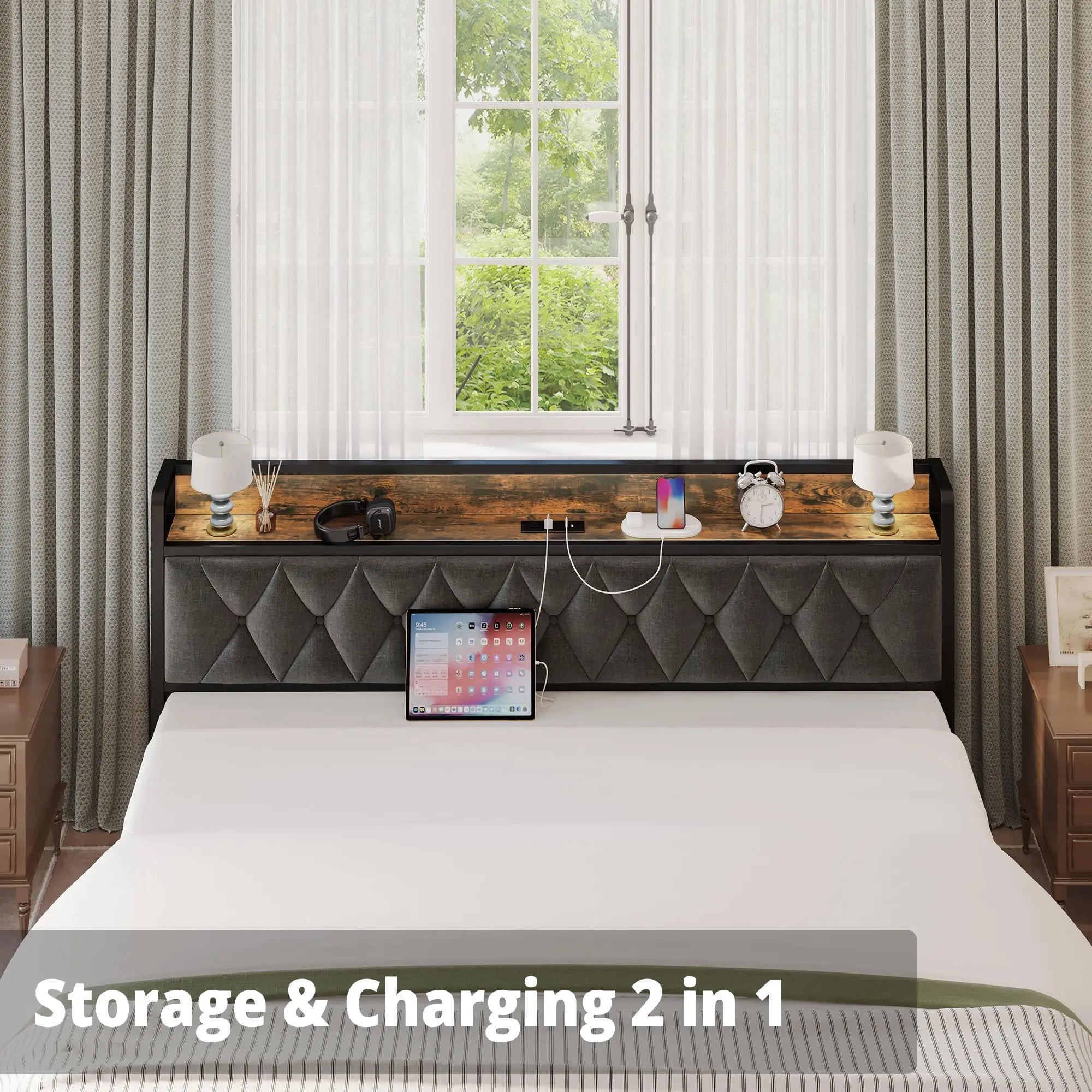 ANCTOR Twin-XL/Full/Queen/King Bed Frames, Storage Headboard with Outlets, No Noise, No Box Springs Needed