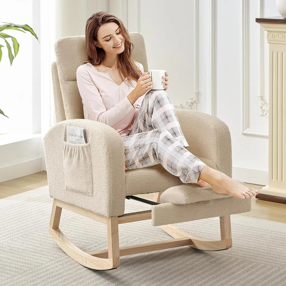 Modern Upholstered Glider Rocking Chair with Side Pocket, High Backrest and Padded Seat for Nursery and Living Room