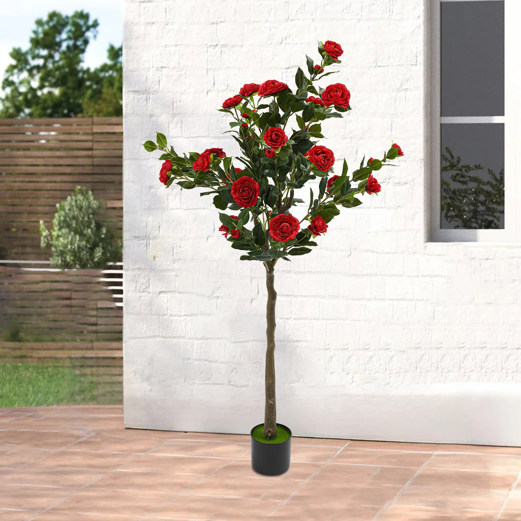 Simulated Tree Camellia Plant In Pot/ Lifelike Trunk/ Red Artificial Camellia Trees for Balconies/Shopping Malls/Exhibitions