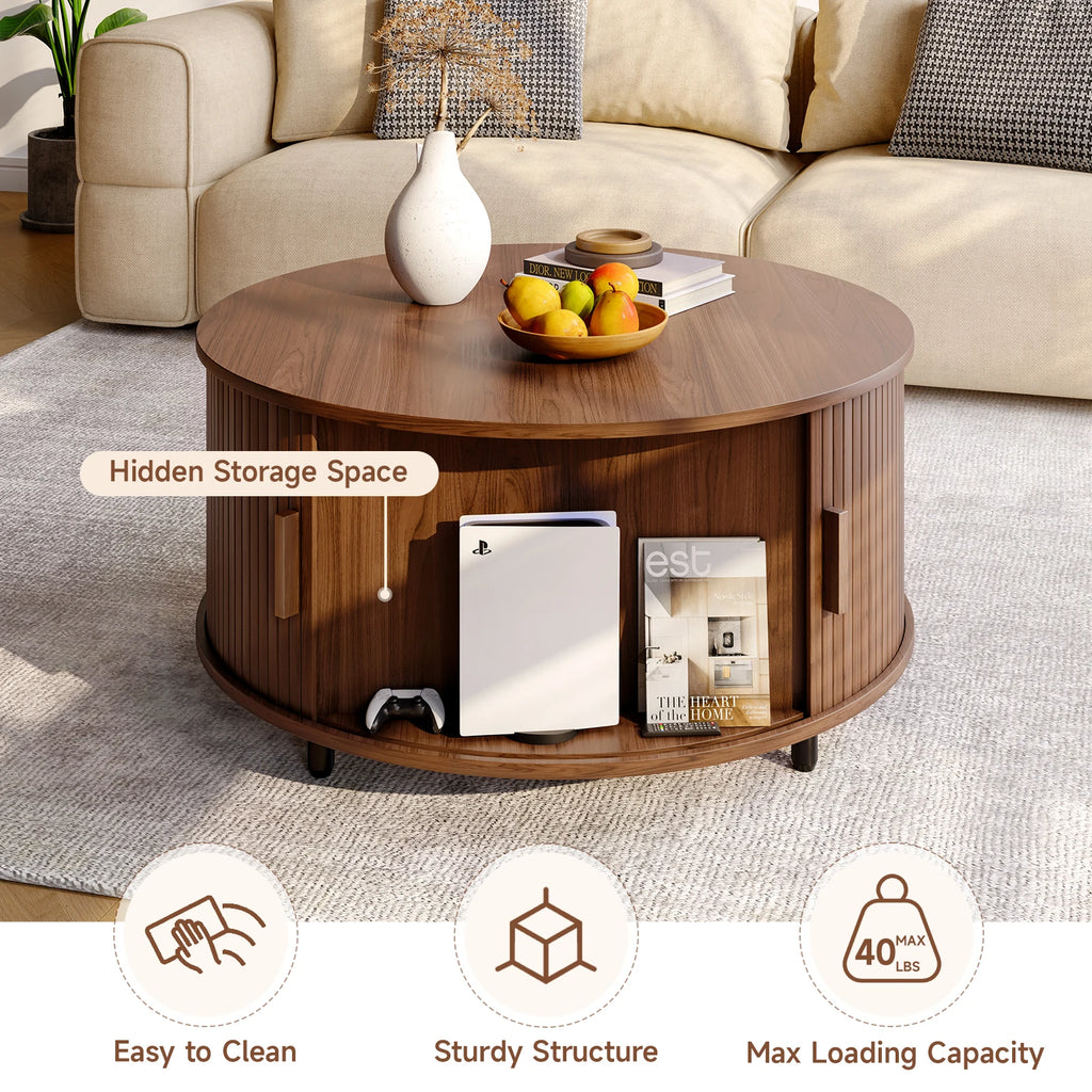 Round Coffee Table with Storage,31.5" Modern Coffee Table with 360° Curved Sliding Door, Fluted Wood Accent Coffee Table