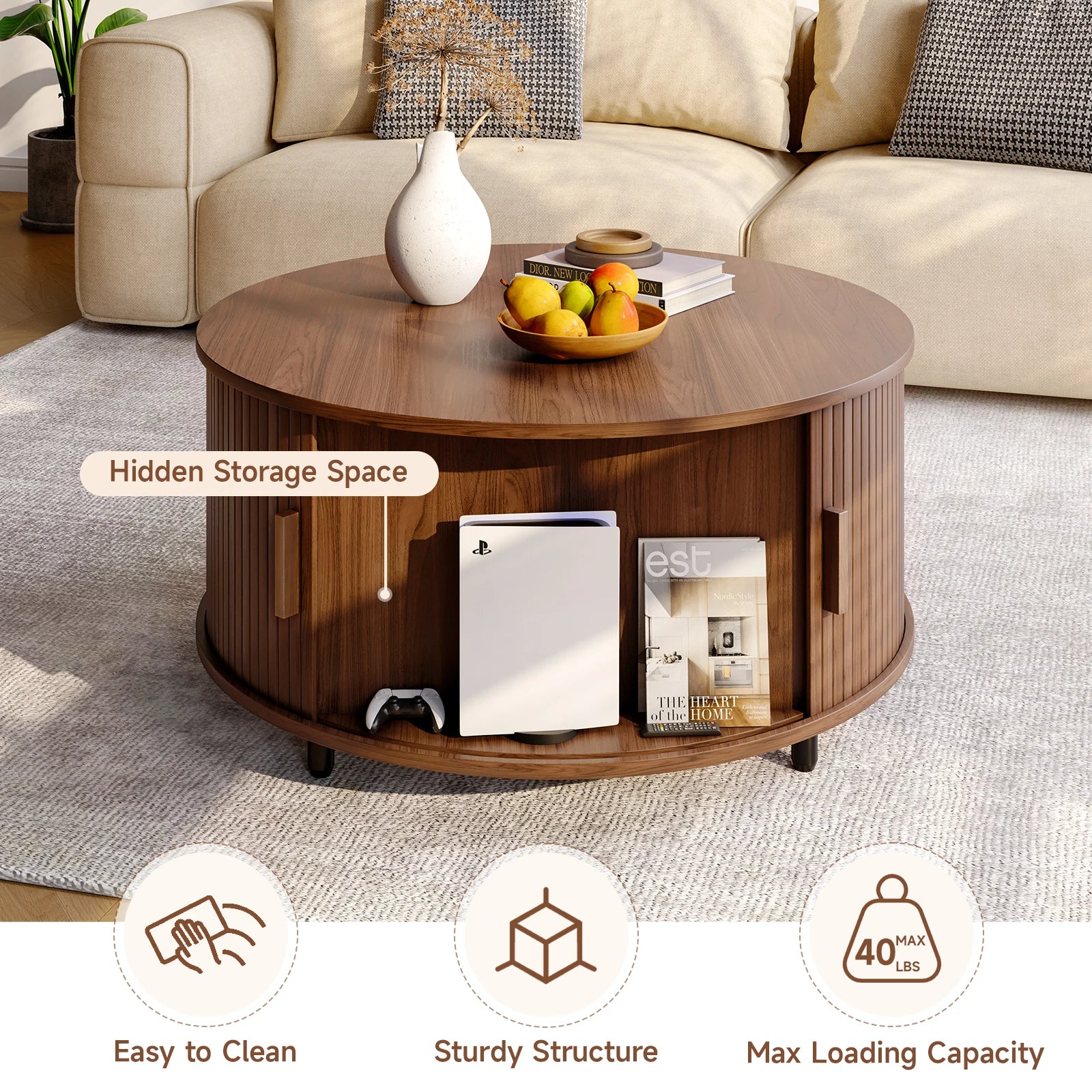 Round Coffee Table with Storage,31.5"/ Modern Coffee Table with 360° Curved Sliding Door, Fluted Wood Accent Coffee Table