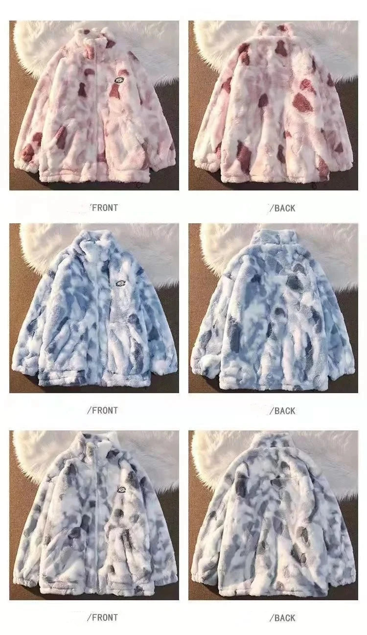 Women's Tie Dye Lamb Fleece Jacket/ Autumn Winter Zipper Outerwear/ Warm Plush Jackets /Harajuku Casual Loose Female Thick Coat