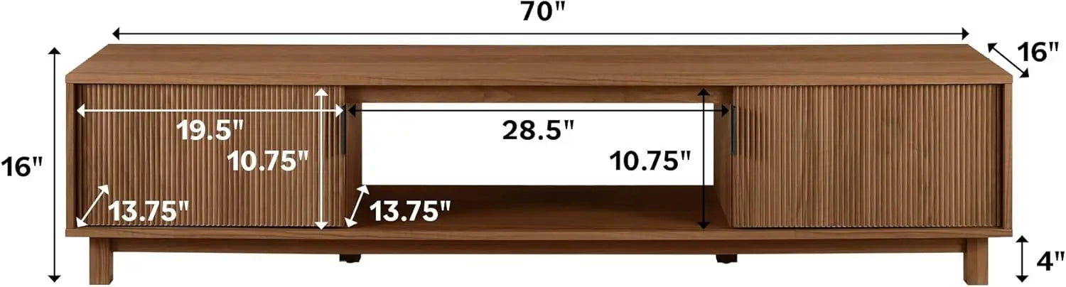 Modern Fluted-Door Low Stand for TVs up to 80 Inches, 70 x 15.75 x 16 inches, Mocha