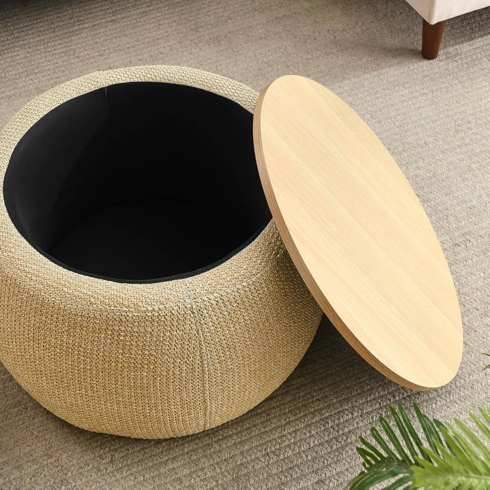 Modern Round Storage Ottoman with Wooden Lid, Circle Ottoman Handmade Ottoman Coffee Table, End Table & Footstool for Living Room