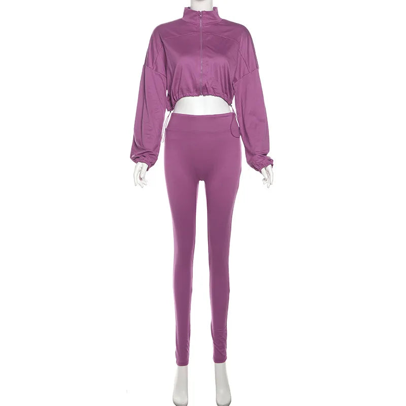 XTOCEAN Autumn Casual Women 2 Piece Set Classic Solid Long Sleeve Drawstring Zip-up Coats + Slim Pants, Female Basic Sporty Outfits