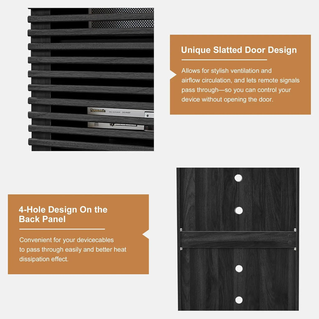 Tier AV Media Cabinet & Adjustable Shelves, Modern Wooden Stereo Rack , Audio Video Stand (Black)