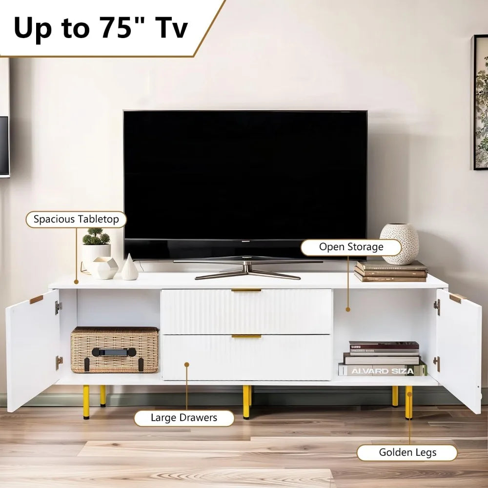 TV Stand for 70+ Inch TV, Modern Media Console, White TV Stand for Bedroom, Entertainment Center with Drawers, Soft-Close Doors