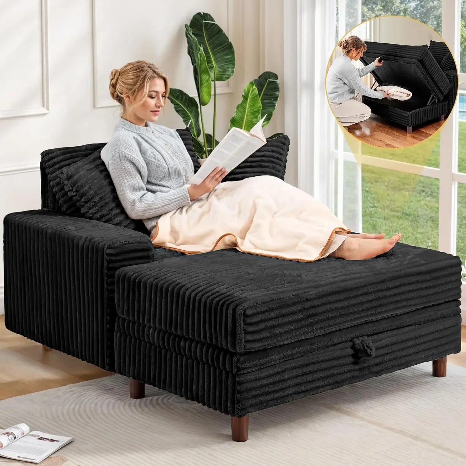 54" Oversized Chaise Lounge Chair Indoor, Comfy Sofa Bed with Storage and Ottoman, Upholstered Reading Chairs, Cloud Couches
