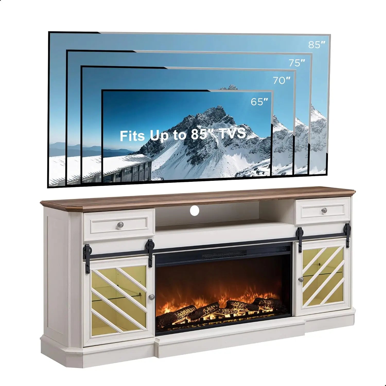 75” Fireplace TV Stand for 85" TV, Farmhouse Highboy Entertainment Center with 36” Electric Fireplace