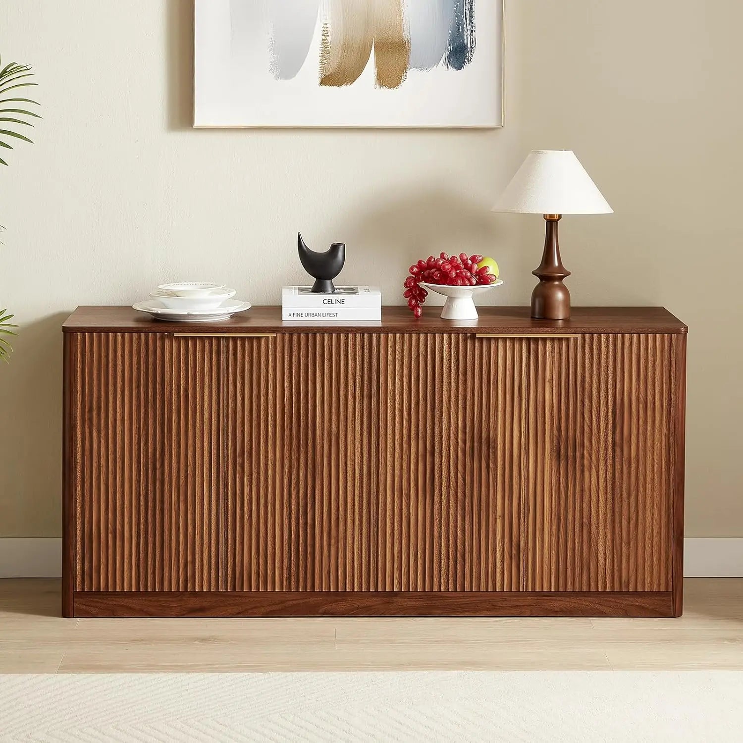 59" Fluted Walnut Sideboard Buffet Cabinet , Large Buffet Cabinet , Wood Mid Century Modern Sideboard