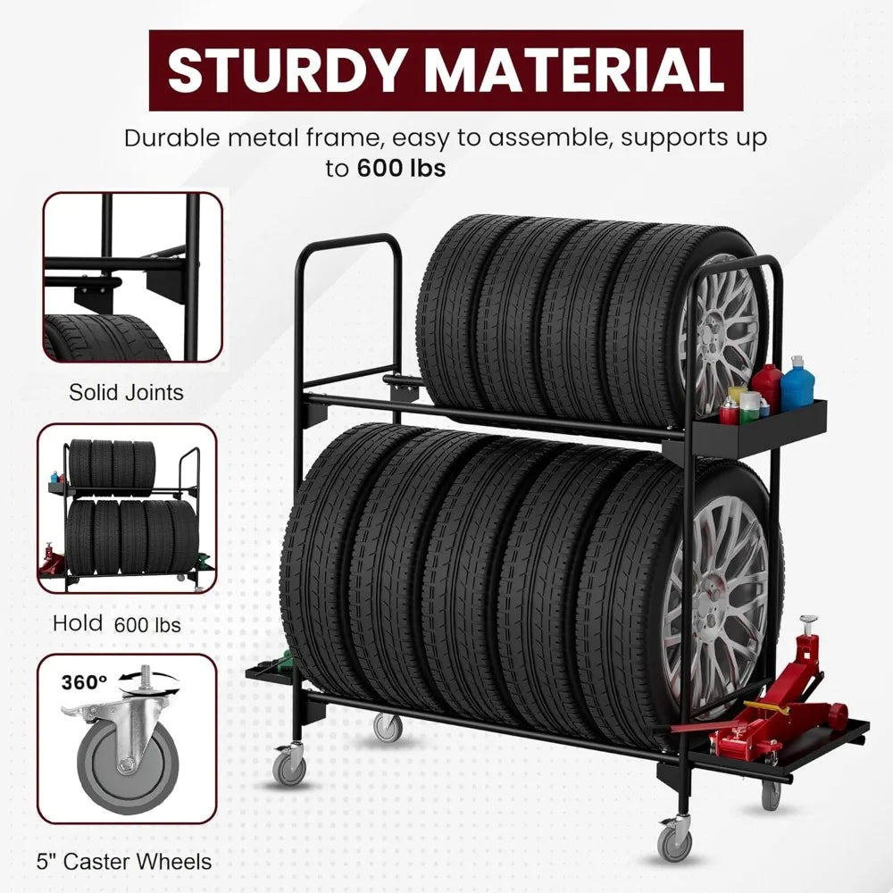 Garage Tire Storage Rack with Heavy-Duty Wheels and 5 Casters