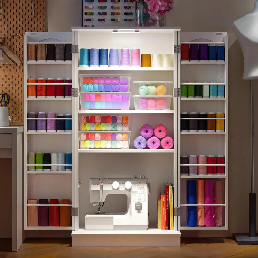50" Craft Storage Cabinet with LED Lights – Adjustable Shelves Sewing Organizer, Multi-Purpose Sewing Cabinet