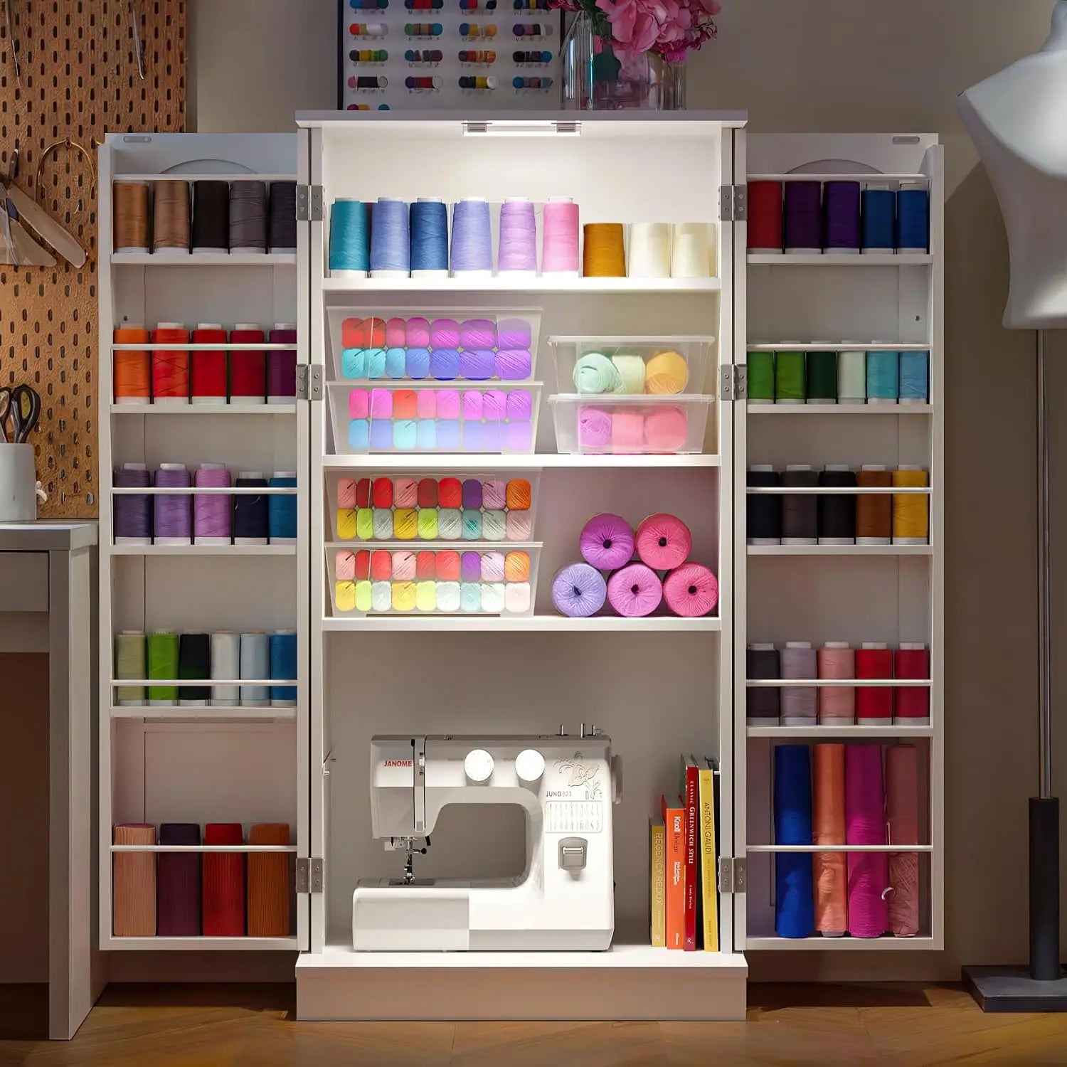 50" Craft Storage Cabinet with LED Lights – Adjustable Shelves Sewing Organizer, Multi-Purpose Sewing Cabinet