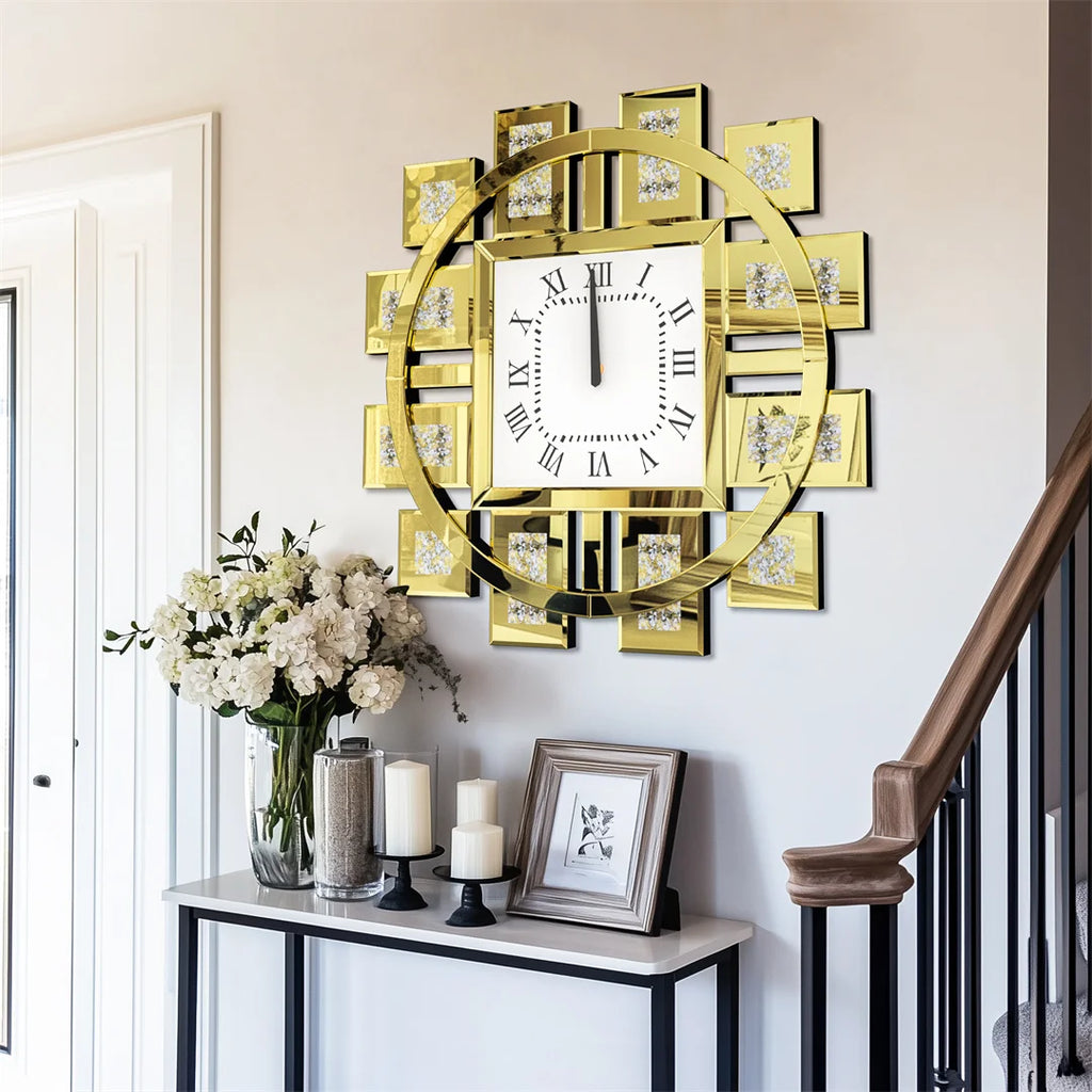60CM Decorative Wall Clock with Silver/ Golden Crystal Crushed Diamond Inlay/ Battery Operated