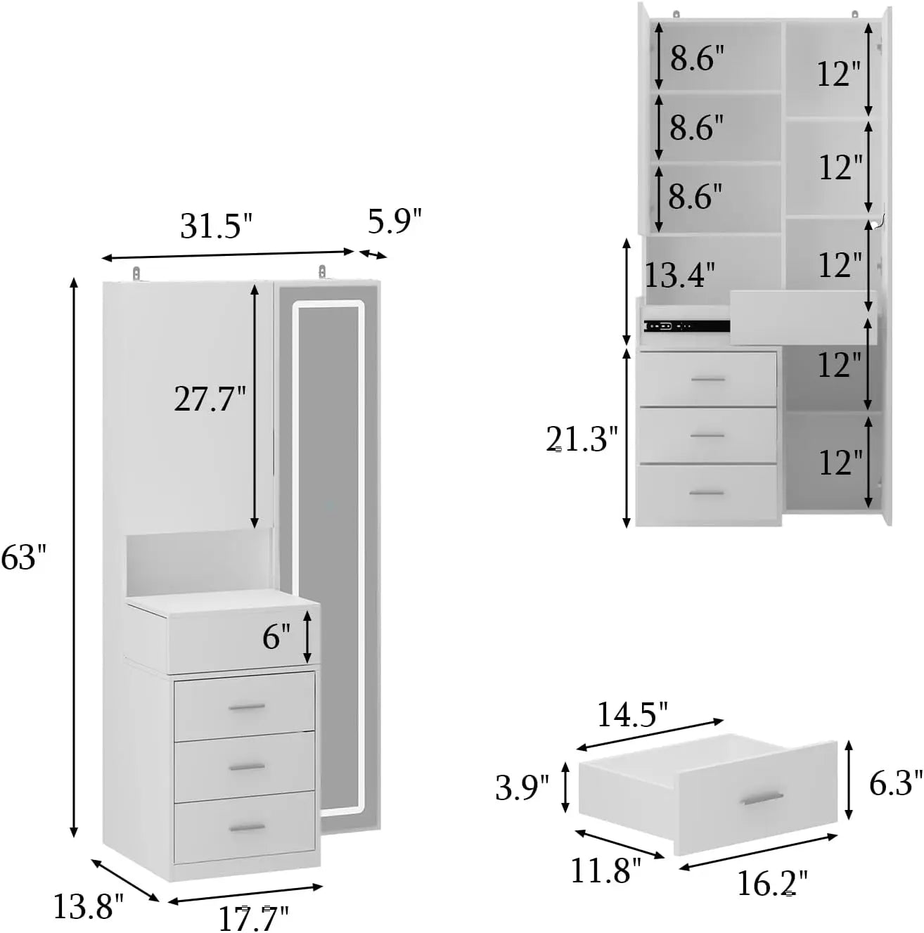 Makeup Vanity Desk with Mirror and Lights, Dressing Table， Vanity Desk , Storage Shelves, 3 Colors Lighting Full-Length