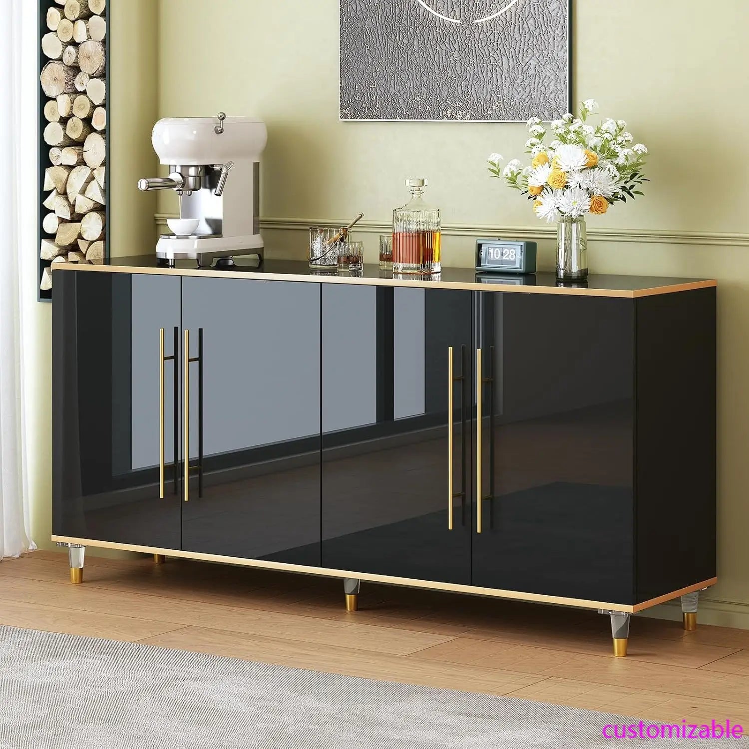 63" Sideboard Buffet Cabinet with Storage, Console Cabinets with Adjustable Shelves & Doors, High Glossy Black