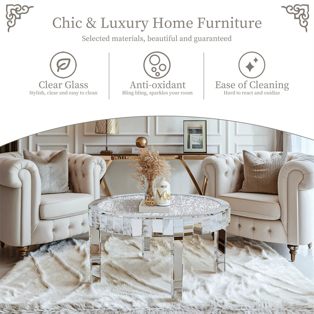 Luxury Round Mirrored Coffee Table Silver Coffee Table Accent Side Table  for Living Room,Bedroom