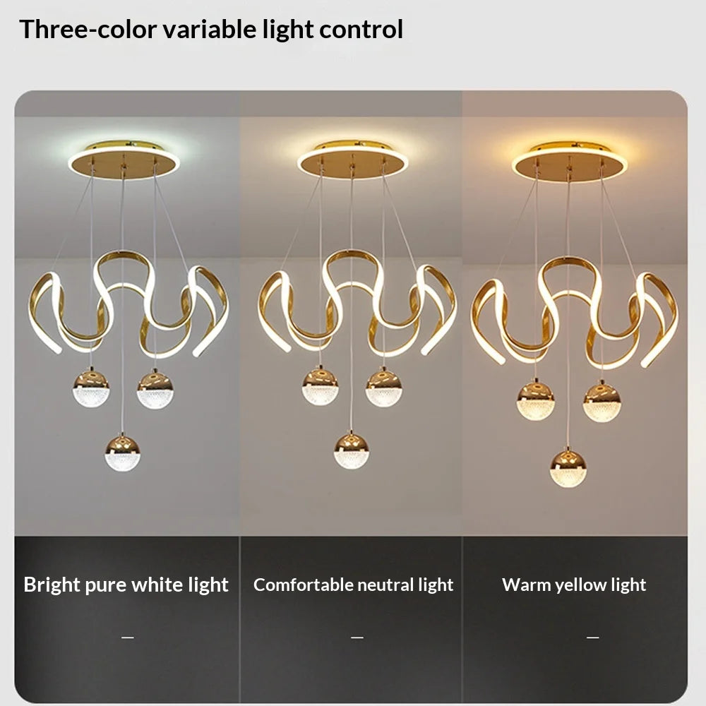 Modern LED Pendant Light with a Wavy Light Ring, Remote Control, Three Adjustable Light Colors, and Adjustable Height; Suitable for Bedrooms, Living Rooms, Above Dining Tables, and Living Rooms