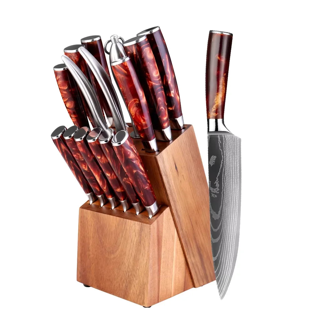 Kitchen Knife Set 15-Piece With Wooden Block, Laser Damascus Pattern Steel Professional Chef's Knife, With Scissor Sharpening Rod