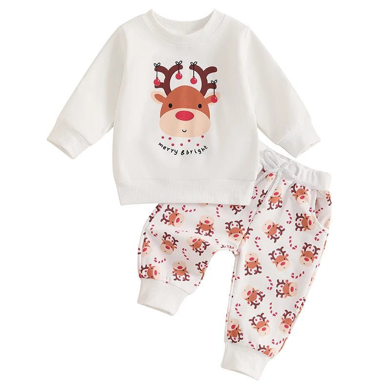 Toddler Boys Christmas Outfits Deer Print Long Sleeve Sweatshirts and Long Pants/ 2Pcs Clothes Set