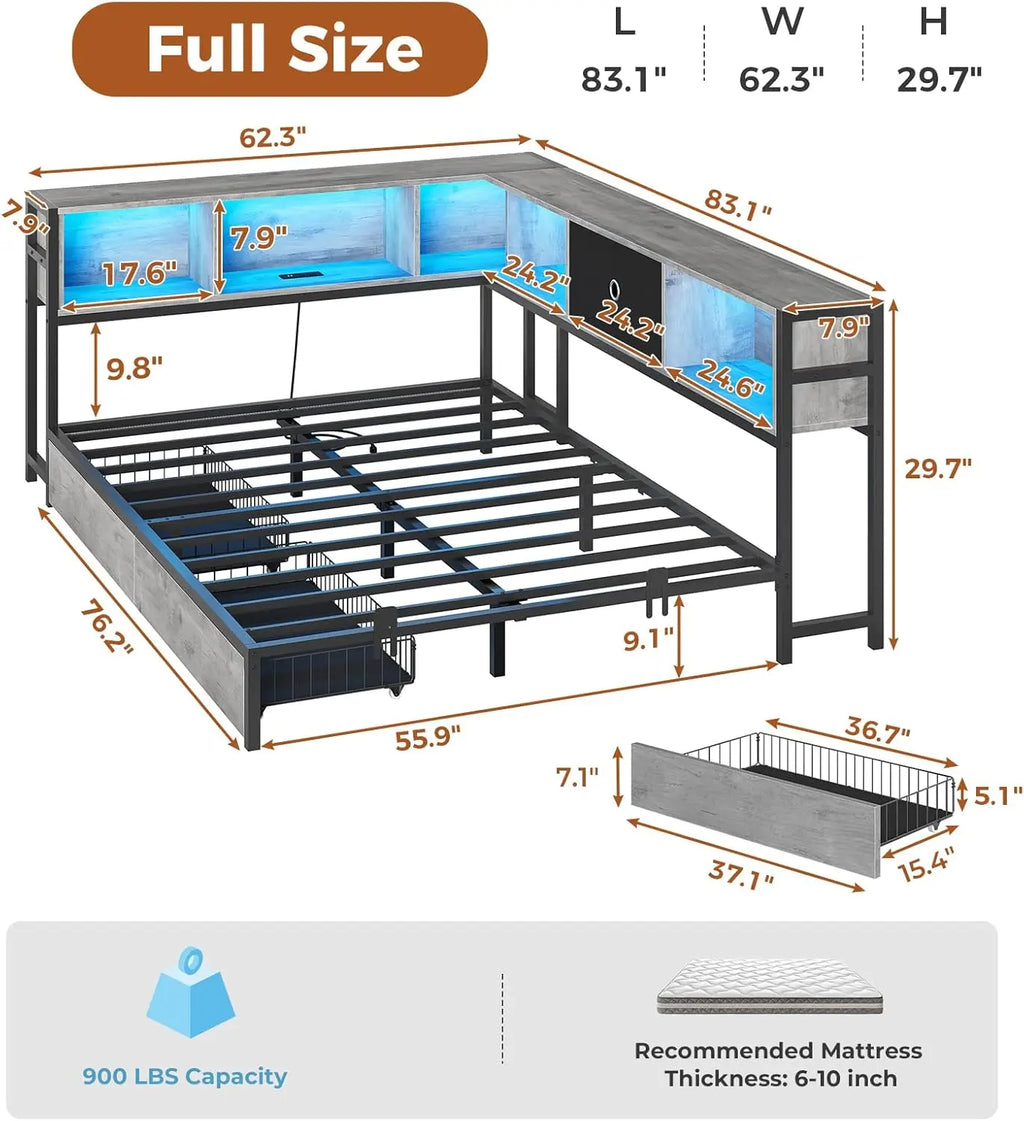 Corner Full Bed Frame, Bookcase Storage, and Led Lights Full Size Metal Platform Bed Frame with Storage Drawers & Charging