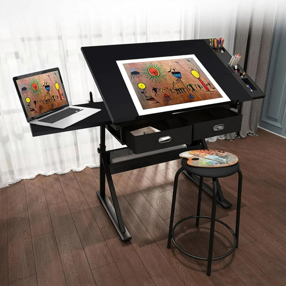 Height Adjustable Art and Craft Table with Tilting Tabletop, Stool, and Storage for Drafting and Workstation Use