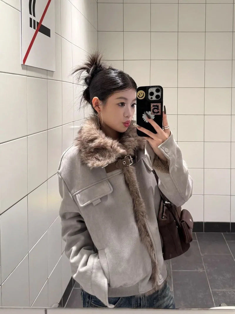 Winter Solid Color Motorcycle Suit, Slim Plus Velvet Short Coat, Female Fur Collar, Splicing Stand Collar, Casual Joker Jacket