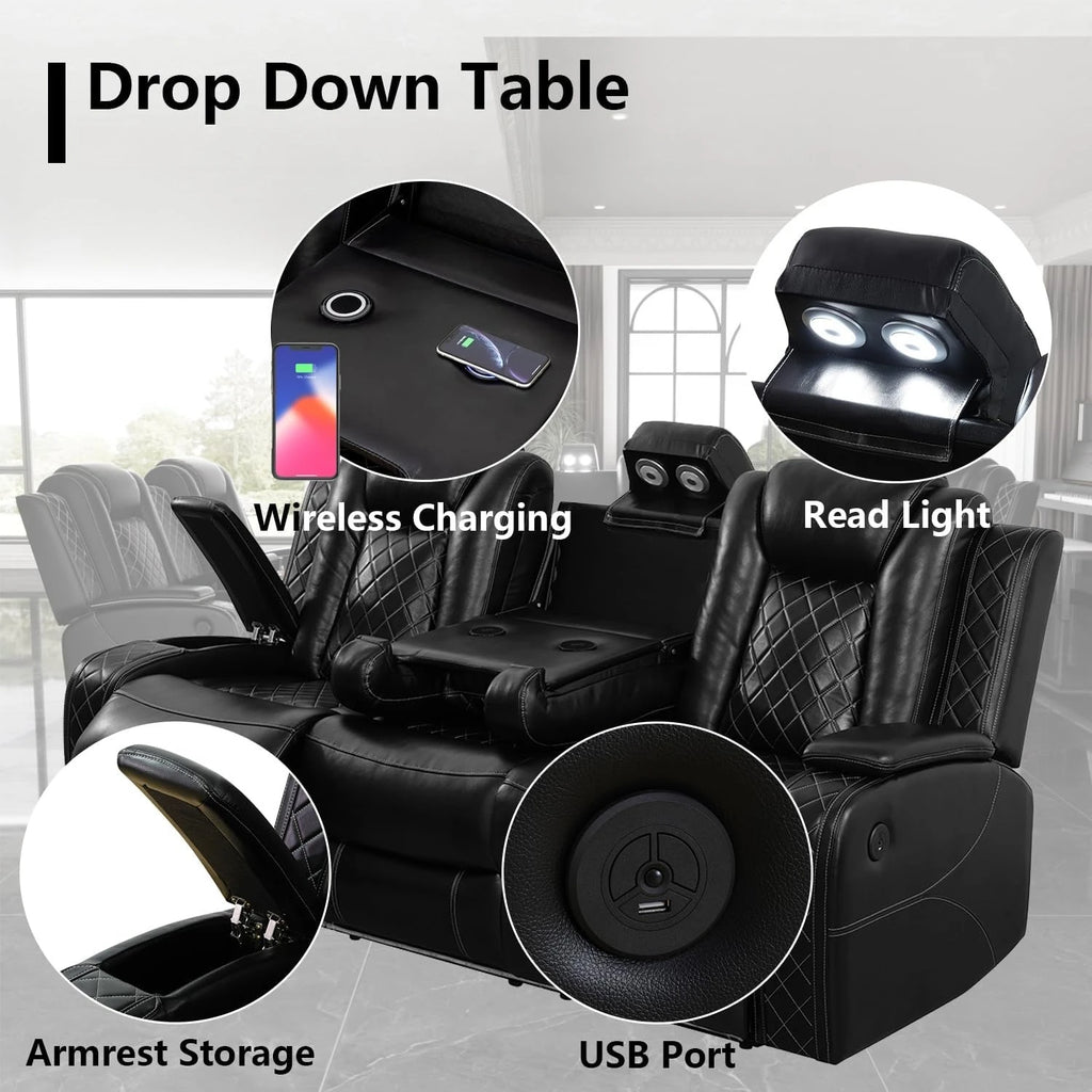 Power Recliner Sofa Set with LED Light for Living Room Furniture Black Leather 3 Seater Sofa