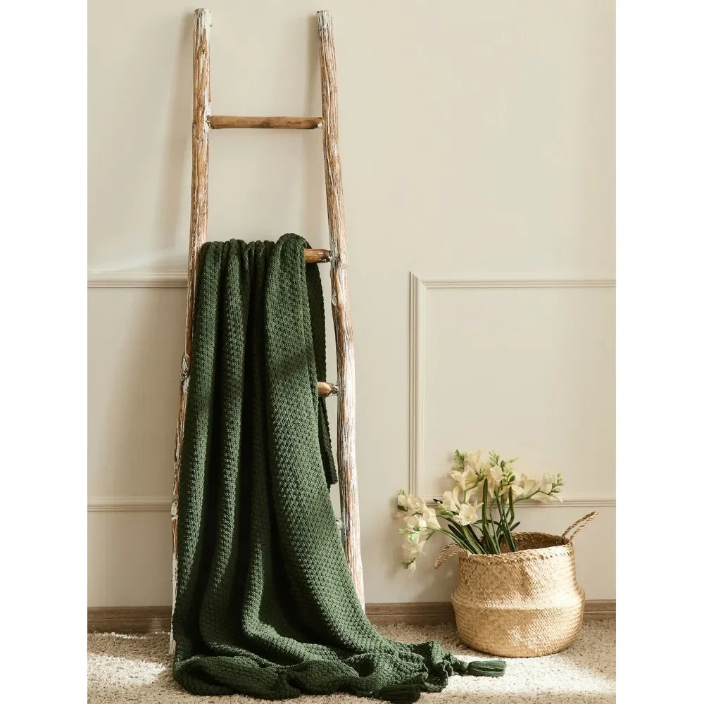 Solid Color Lightweight Acrylic Knit Tasseled Throw Blanket