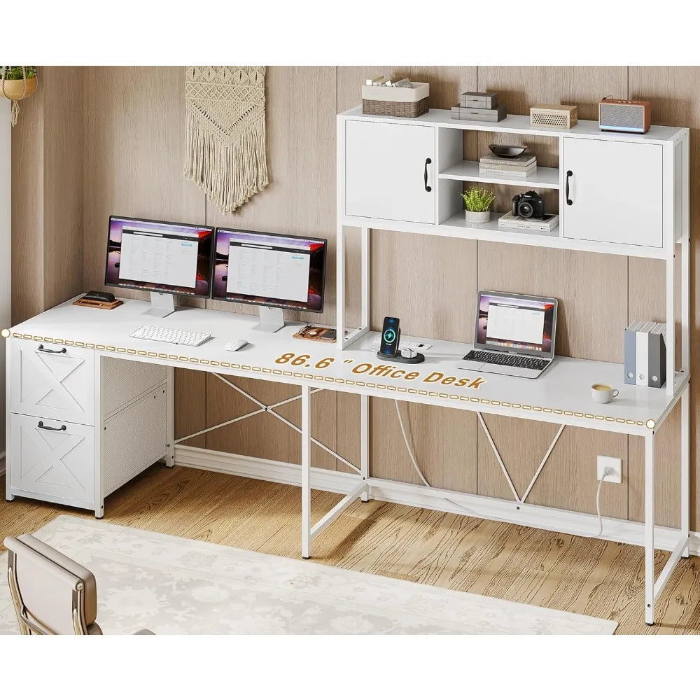Contemporary White L-Shaped Desk for Home Office, Farmhouse Style with Fabric Drawers and Built-In Power Outlet, LED Lit
