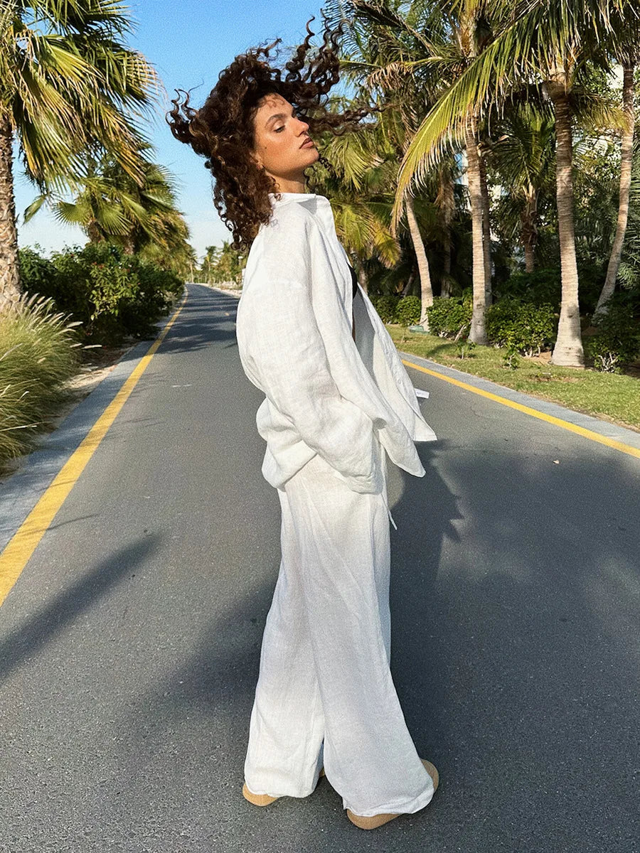 Cotton Casual Pants Sets Women's Solid Color Cozy Lapel Long Sleeve Shirt Summer Outfit Elastic Waist Pants Suits