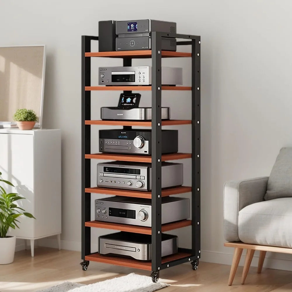 7-Tier Heavy Duty Audio Video Rack, Adjustable Shelves, 360° Wheels, HiFi Stereo Cabinet for Home Office