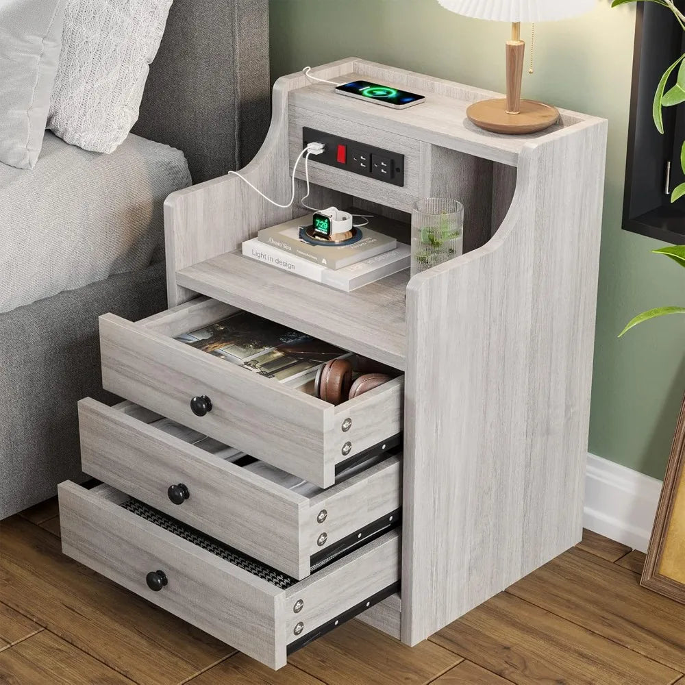 Nightstand Set 2,Gray with Charging Station & Hutch, Night Stands with Drawers
