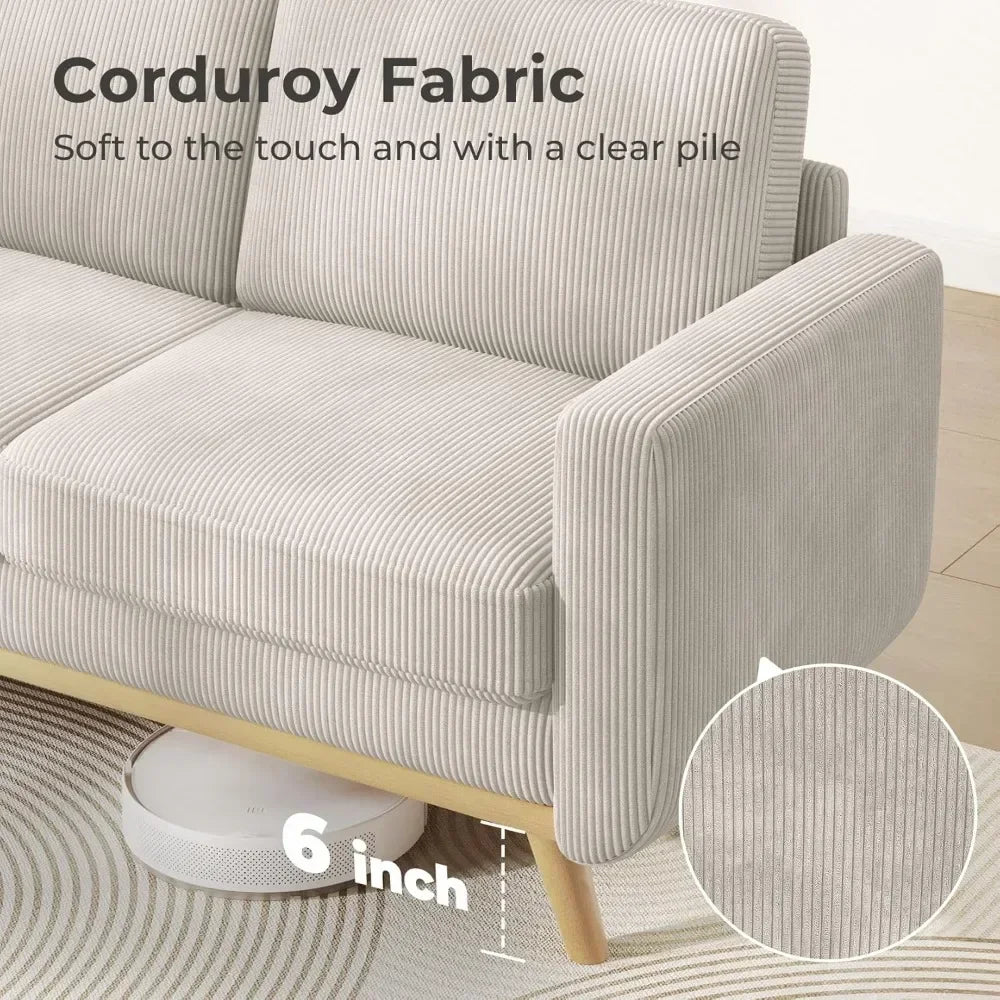 68" loveseat sofa light grey, comfy corduroy couch with spring cushion and solid wood, modern deep seat for bedroom, living roo