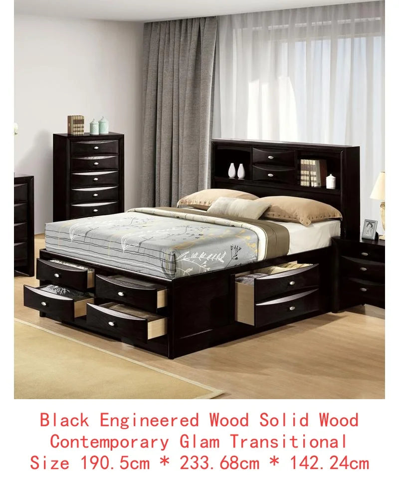 Contemporary King Size Bed with Footboard Drawers & Headboard Bookcase in Cherry Finish