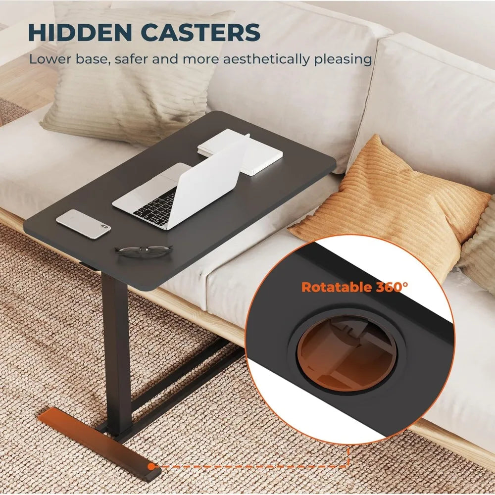 Adjustable Overbed Table with Hidden Wheels, Mobile Laptop Desk with Tray for Home Use