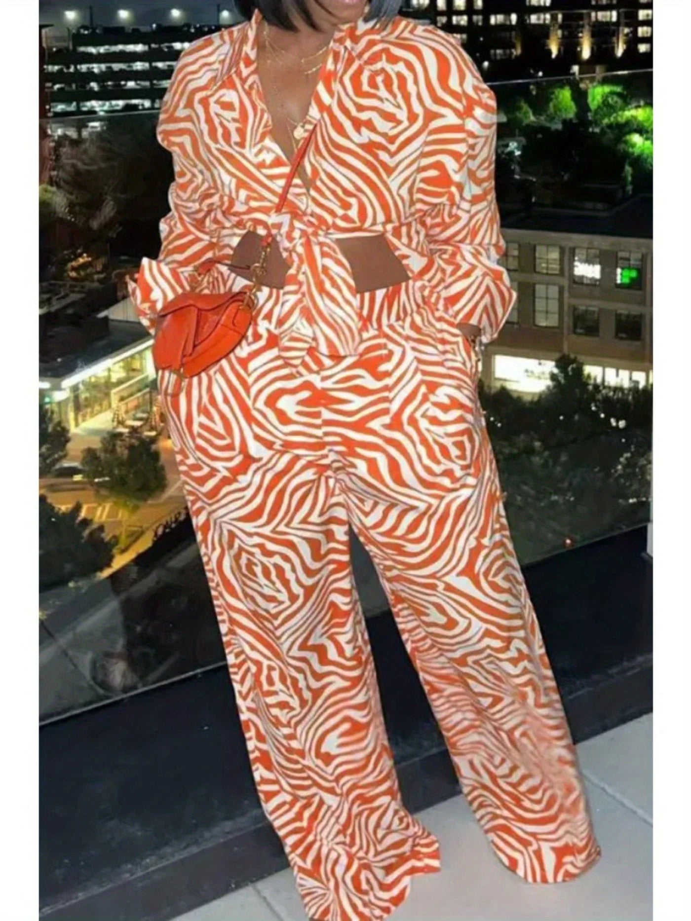 Orange Patterned Intellectual High-end Fashion Shirt Plus Size Set 2-piece Set