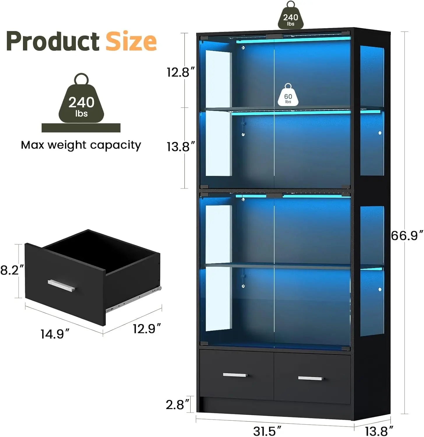 Glass Display Cabinet with Doors - Curio Cabinet with Dynamic LED Lights for Collectibles, 67" Display Case with 4 Tiers & Drawers