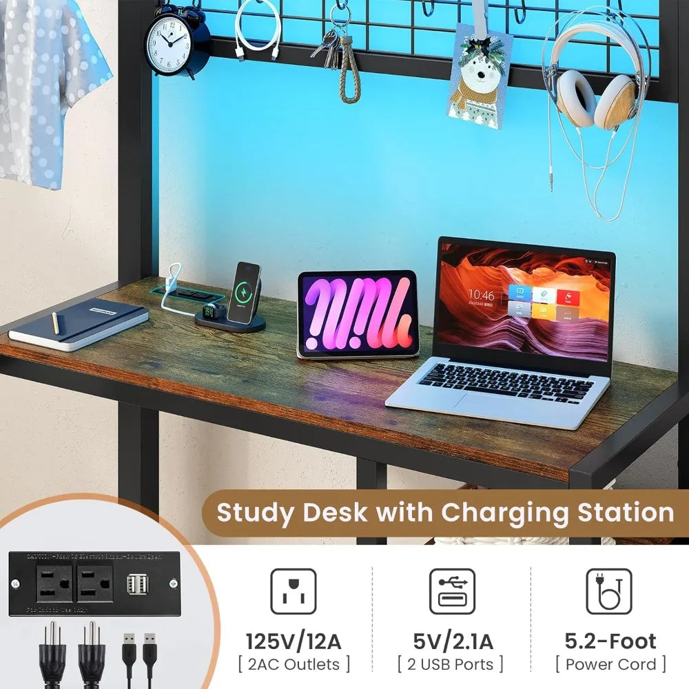 Metal L-Shaped Twin over Twin Bunk Bed with Desk, LED Lighting, and Charging Station