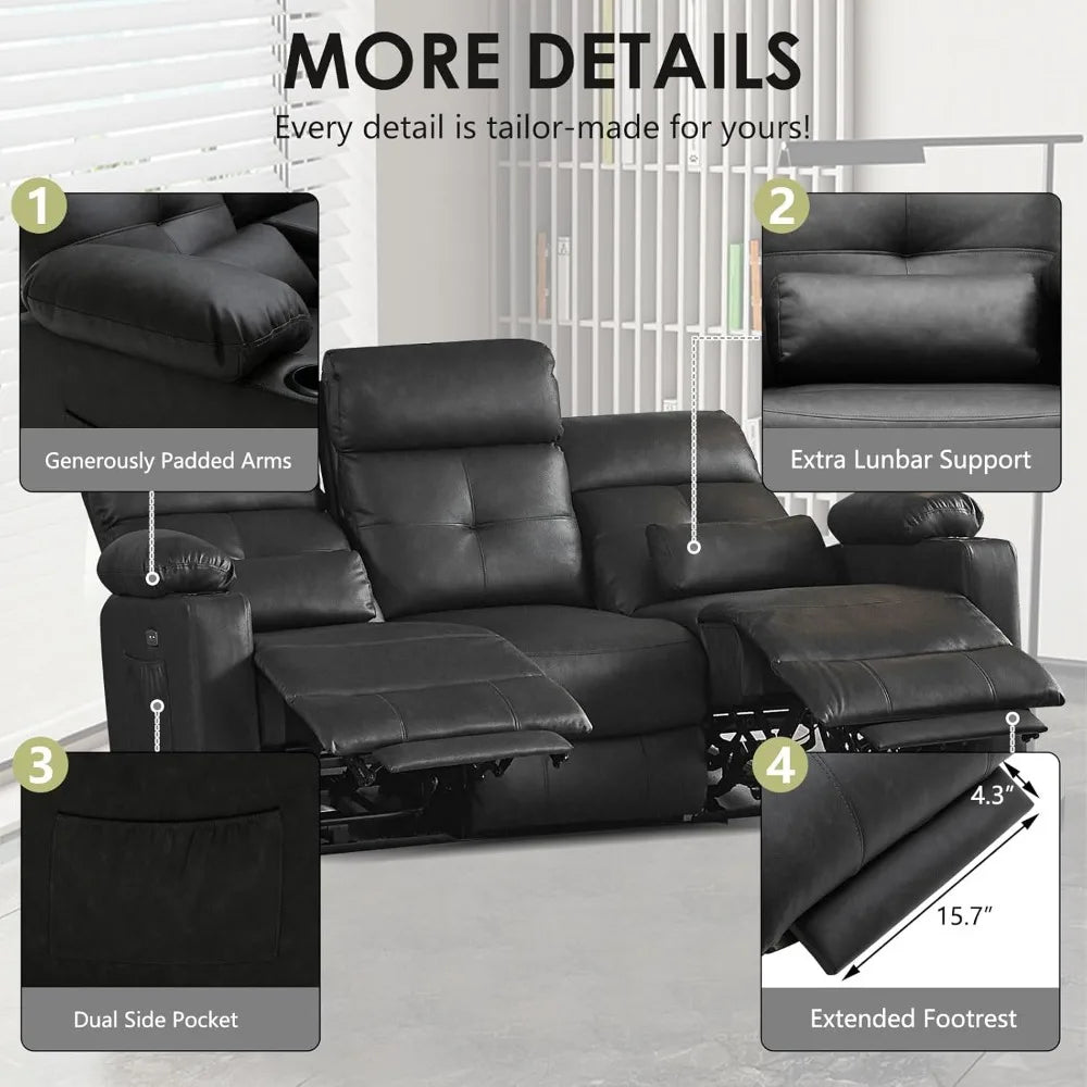 Heated and Massage 3-Seater Power Reclining Sofa with Extended Footrest and USB Ports